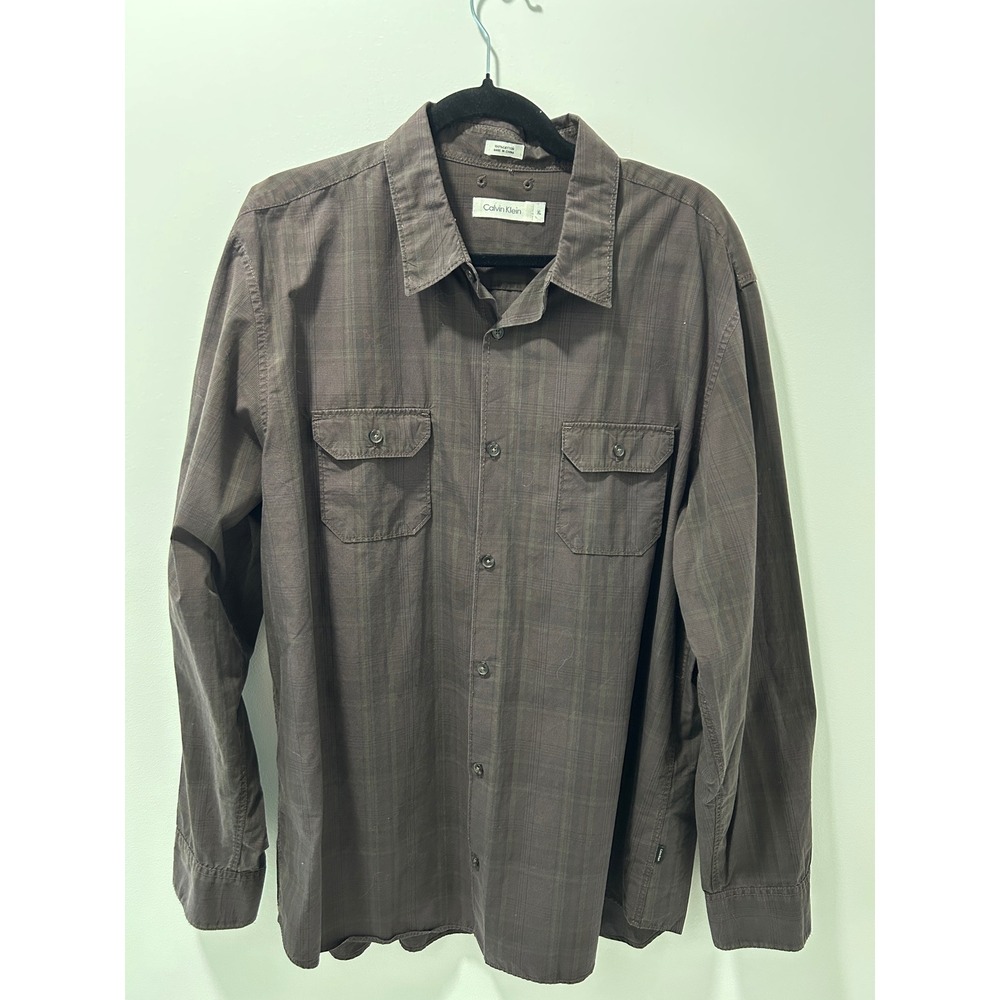 Calvin Klein Mens XL Brown Plaid‎ Button Down Shirt Long Sleeve 100% Cotton